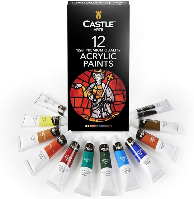 Castle Art Supplies 12 x 12ml Acrylic Paints Tubes Set for Adults Artists Beginners | A Perfect Mix of Quality and Versatility - Vivid Colours - Easy to Blend and Good Coverage on Paper Canvas Wood or Fabric