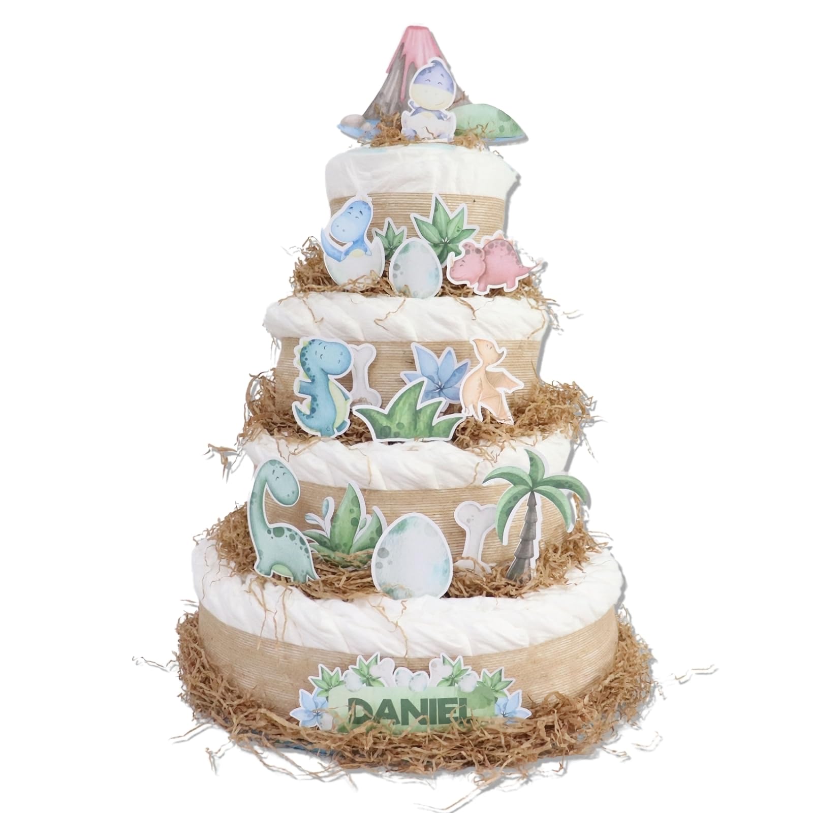 Tarta de pañales 4 pisos modelo DINOSAURIO - Regalos para recién nacido - baby shower - TARTAS DE PAÑALES Y MÁS