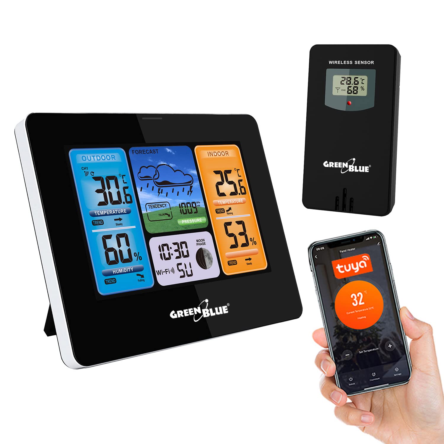 Green Blue GB215 Stazione meteo wireless con Wi-Fi compatibile con TUYA, Sensore esterno Calendario Pevisioni meteo Barometro