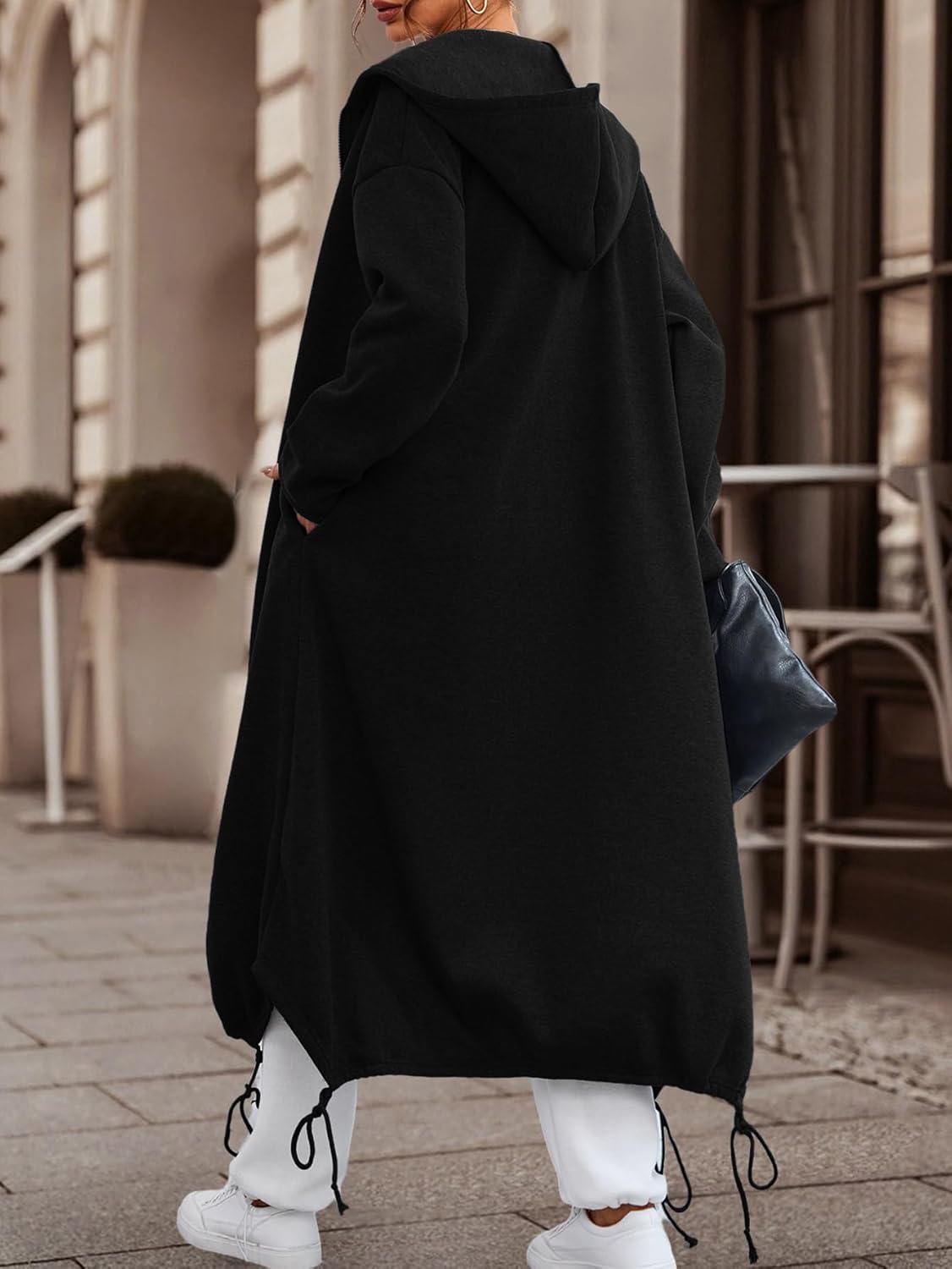 Ebifin Women's Oversized Full Zip Sweatshirts Drop Shoulder Hoodies Drawstring Long Jackets With Pockets Black - Image 2