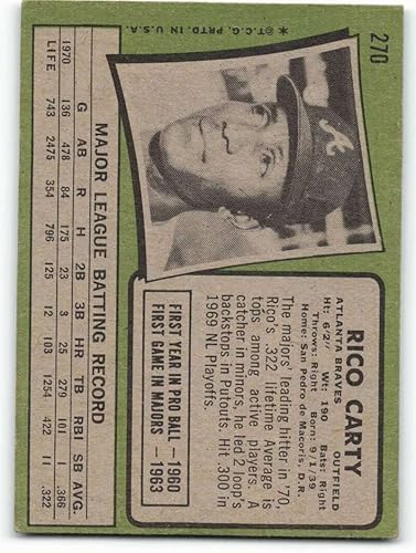 Miniatura 2 de 1971 Topps 270 Rico Carty EX Excellent Atlanta Braves Baseball Trading Card