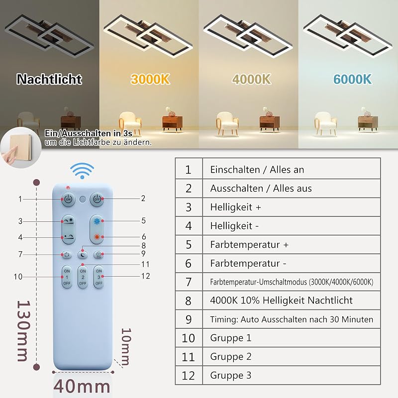 SEATAIN Fa Mennyezeti Lámpa - Fekete Téglalap 48W LED, Távirányítós, Fényerőszabályozható, 3000K-6000K, 4800lm, Éjszakai Fény Funkcióval
