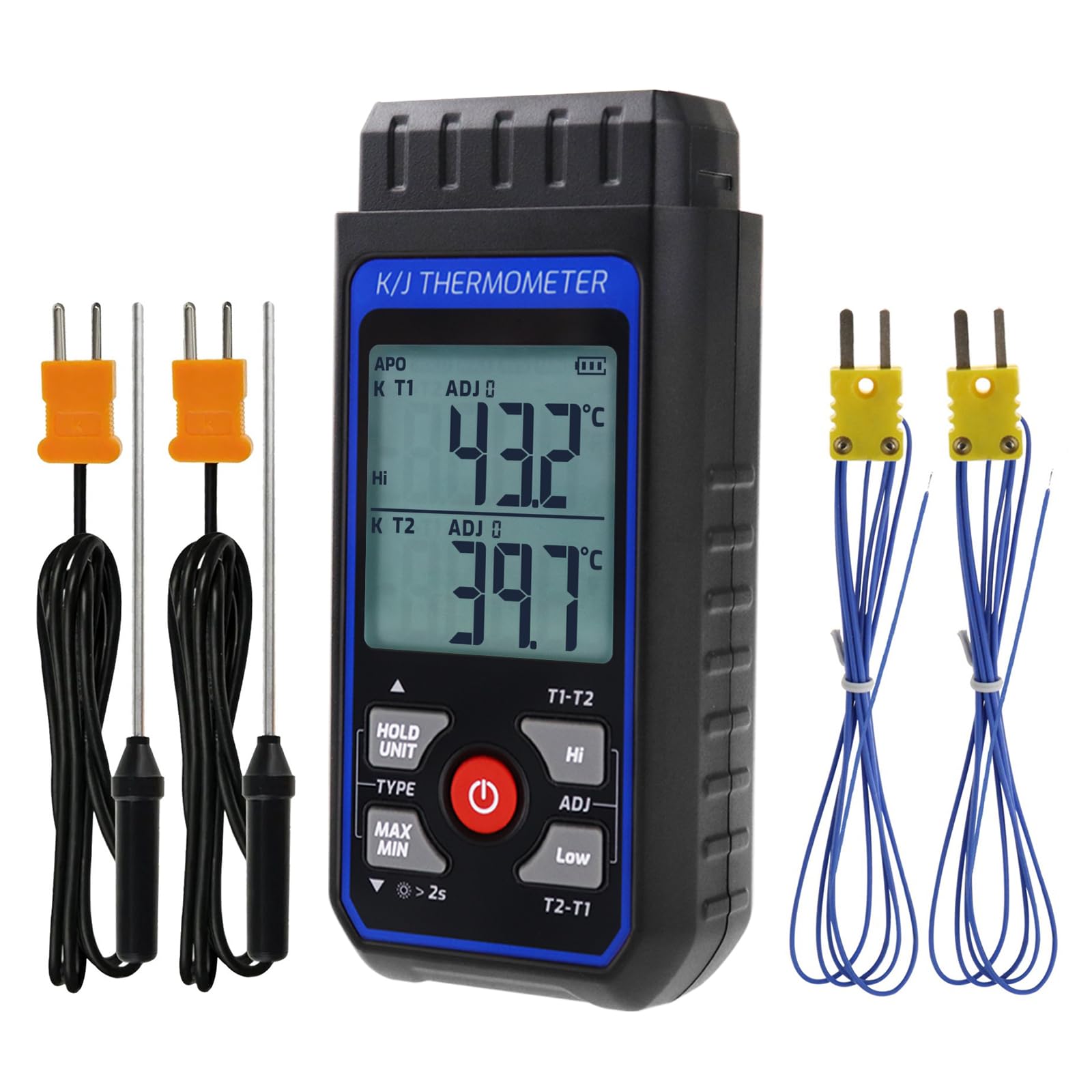 Termometro digitale a doppio canale tipo K/J con 4 termocoppie, campo -328~2501℉, strumento di misurazione temperatura HVAC con allarme