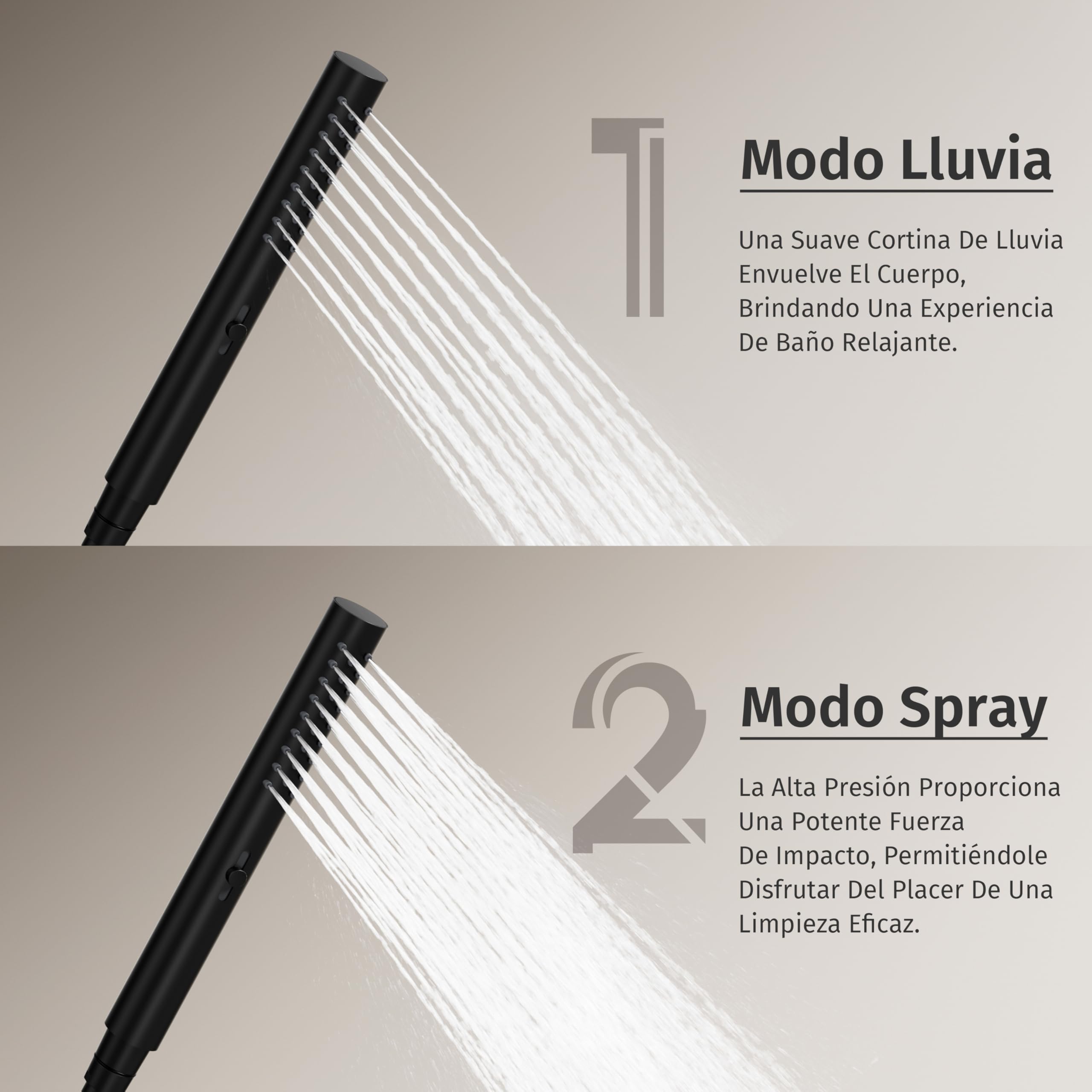 Alcachofa de Ducha,Con 2 modos de agua (modo lluvia y modo flujo fuerte),Conector universal,Forma redonda Mango Ducha,Ducha Baño,Negro,Ducha de mano + Manguera + Soporte