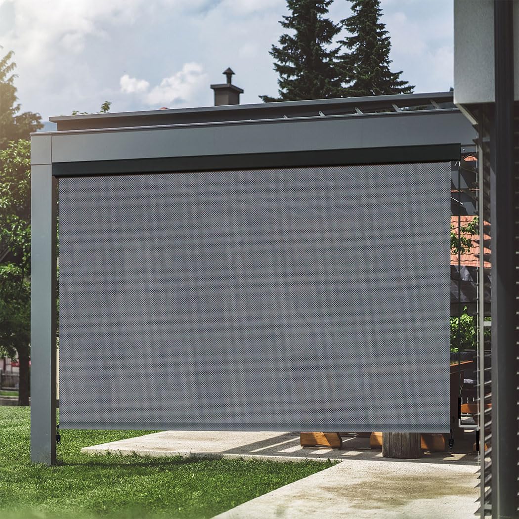 VICLLAX Premium Outdoor Roller Shade Solar Fabric Exterior Roller Shade for Porch Patio Balcony, Crank Operated with Aluminum Protective Valance(5' W X 8' L), Black Grey 5' wide X 8' drop Black Grey