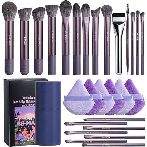 BS-MALL 21 Pcs Professional makeup brush set with foundation brush for liquid Makeup, eyeshadow Brush, concealer brush - Includes 6 Triangle Puffs & case for Even, Multi-purpose application (Purple)