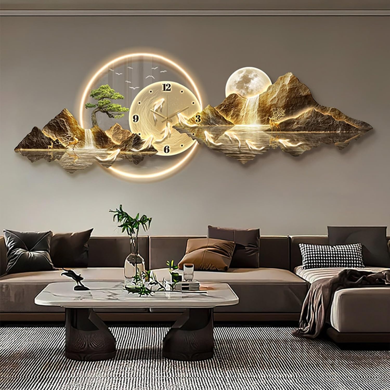 ZUGIATP 3D Wall Art Decorative Clock Modern Wall Hanging With LED Light Art Sculpture Entrance Foyer Decorative Painting For Living Room Entrance Hall(Style A,35 * 100cm/13 * 39in)