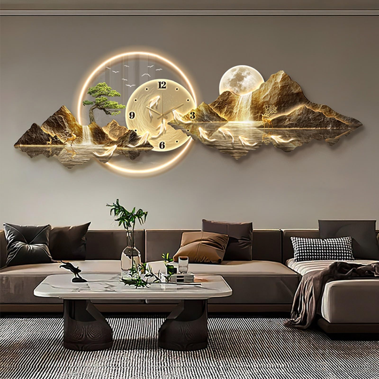 ZUGIATP 3D Wall Art Decorative Clock Modern Wall Hanging With LED Light Art Sculpture Entrance Foyer Decorative Painting For Living Room Entrance Hall(Style A,35 * 100cm/13 * 39in)