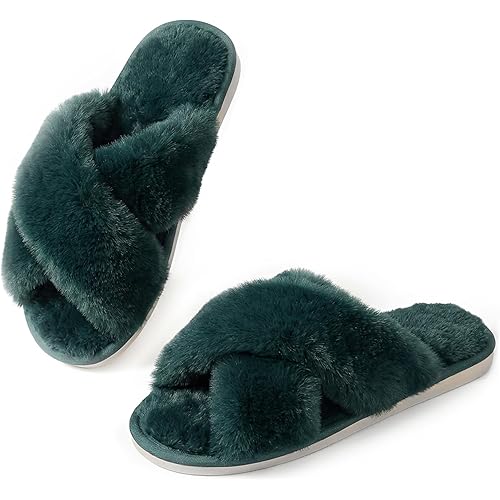 Ankis Womens Fuzzy Slippers Memory Foam Cross Band Cozy House Slippers Plush Home Fluffy Furry Slippers Open Toe Cute Soft Ladies Indoor Outdoor Slipper Slides Wedding Bride Shoes Gifts