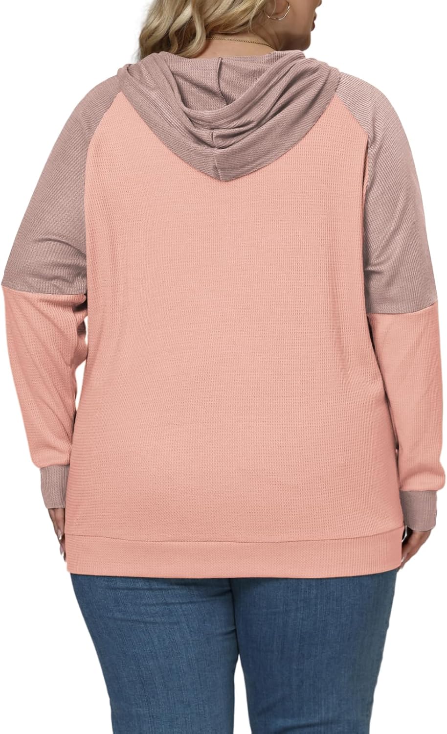 VISLILY Plus-Size-Hoodies for Women Trendy Color Block Tops Raglan Long Sleeve Drawstring Button Hooded Waffle Sweatshirts - Image 5