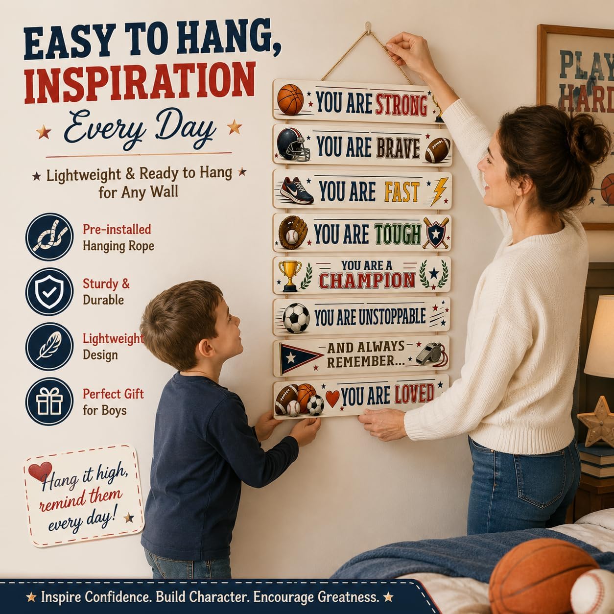 BeautiFan Motivational Wall Decor with LED Lights for Boys, Vintage Sports Positive Affirmation Wooden Hanging Sign for Kids Bedroom, Baseball Basketball Football Soccer Room Décor