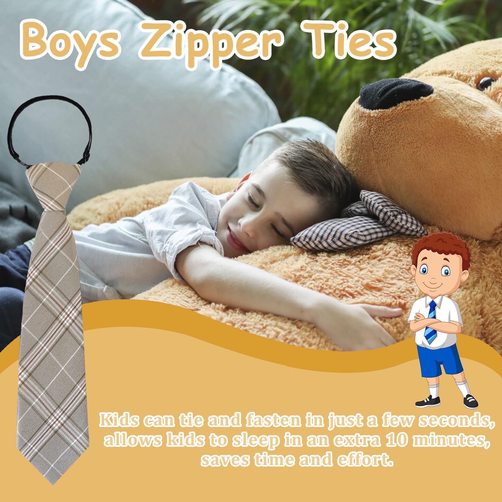 Mantieqingway Boys Tie, Pre-tied Adjustable Kids Plaid Neckties Toddler Ties for Graduation Uniforms Party Casual(Age 5-12) (Brown)