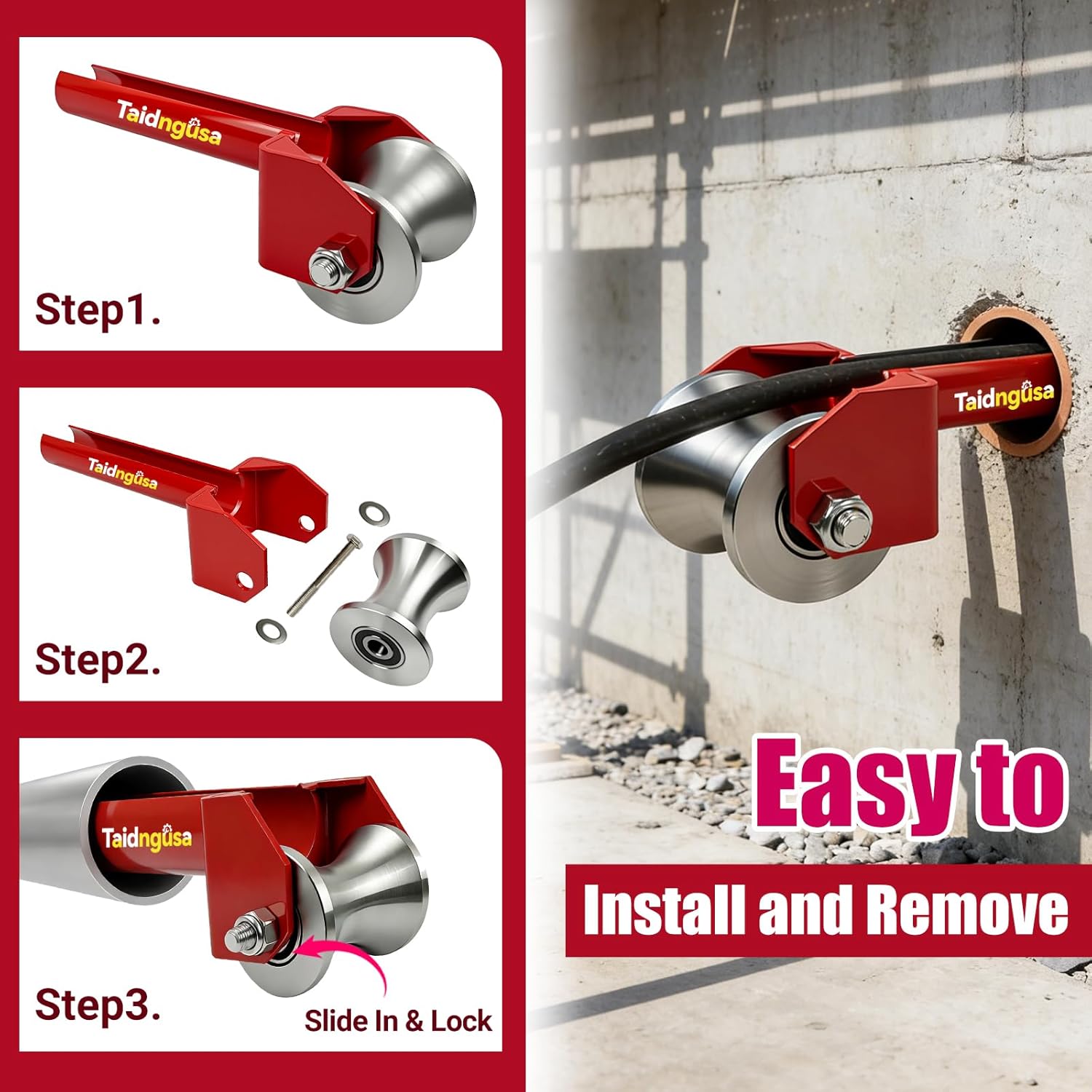 Cable Feeding Sheave - Stainless Steel Wheel & High Carbon Steel Frame, Wire Puller Guide Roller for Smooth Cable Installation (Red, for 2-Inch Conduit)