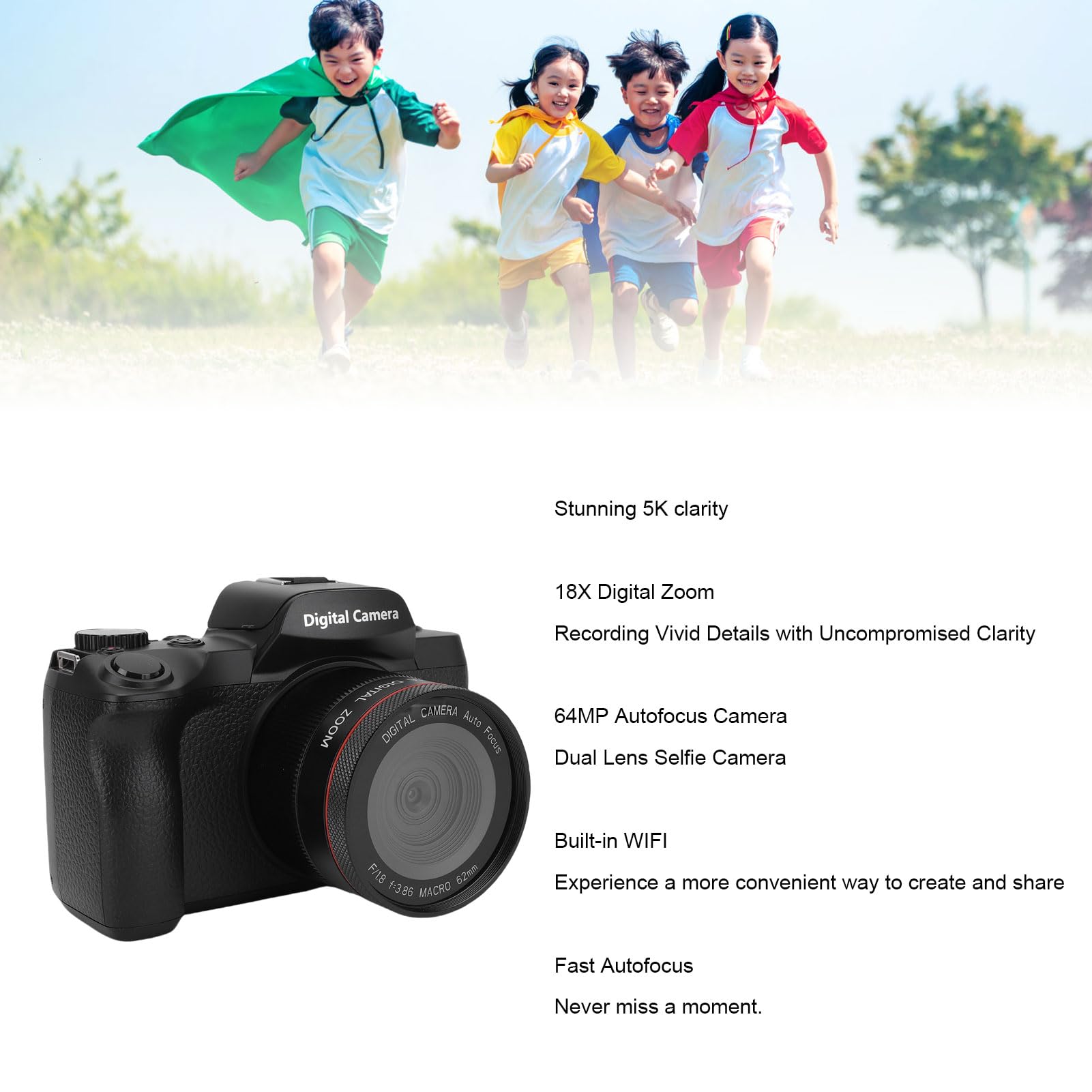 Cámara Digital 5K para Fotografía, Vlogging WiFi con Enfoque Automático de 64MP, Cámaras Digitales Compactas de Apuntar y Disparar, para Fotografía, Vlogging, Viajes y