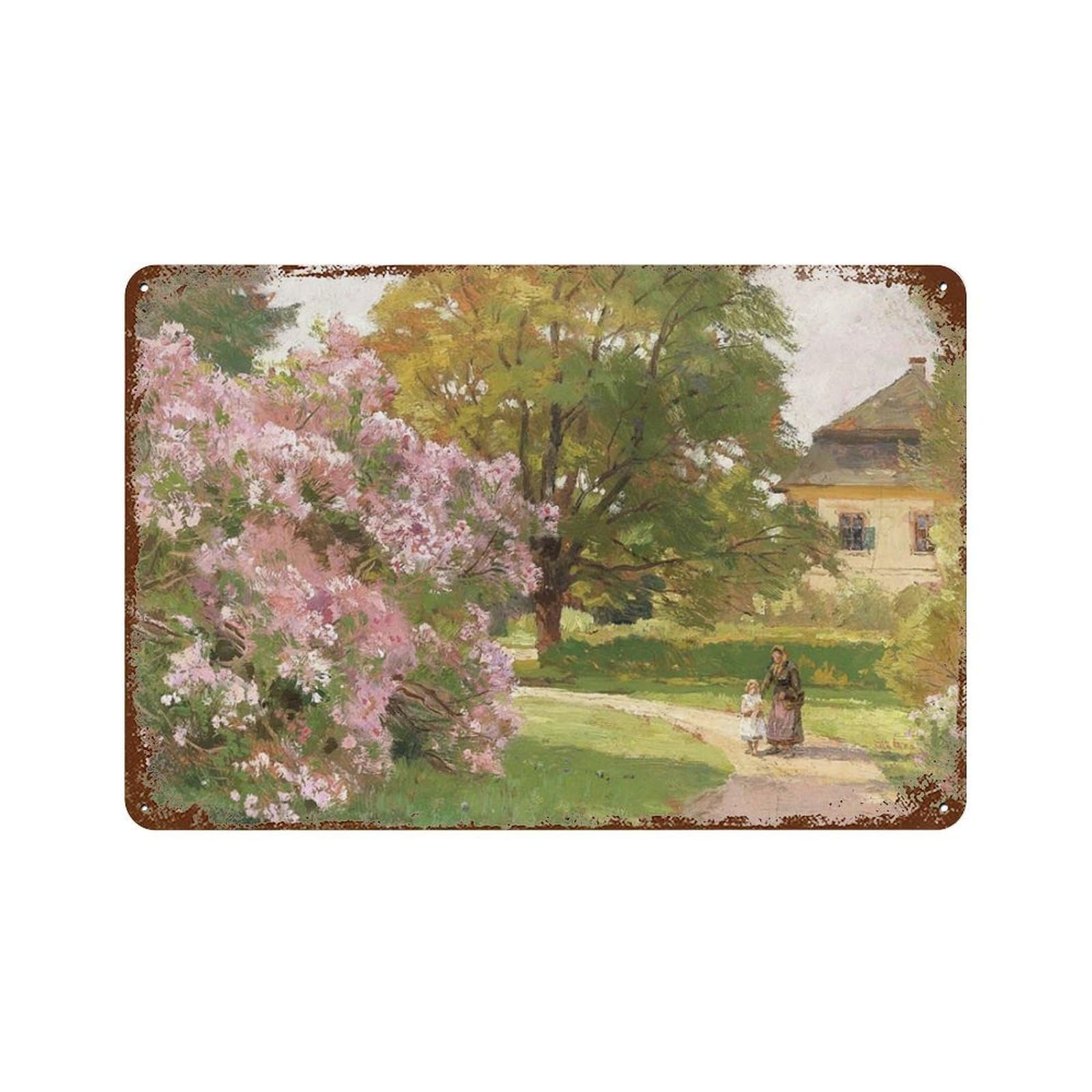 xiaoxiaoshen Pink Blossoming Bush Along A Village Path Painting Rustic Kitchen Fine Wall Decor Art Metal Tin Poster Modern Home Decor Art Home Bar Shop Decorations Vintage Sign 20x30cm