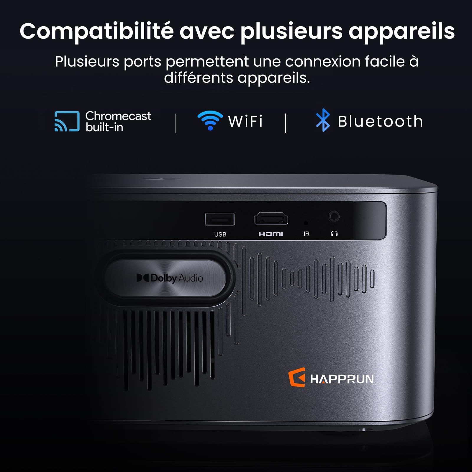 HAPPRUN Vidéoprojecteur Intelligent 3000 Lumens ANSI avec Google TV Officiel, Compatible 4K, Dolby Audio, Mise au Point et Correction Keystone Automatiques, WiFi 6 et Bluetooth, Noir