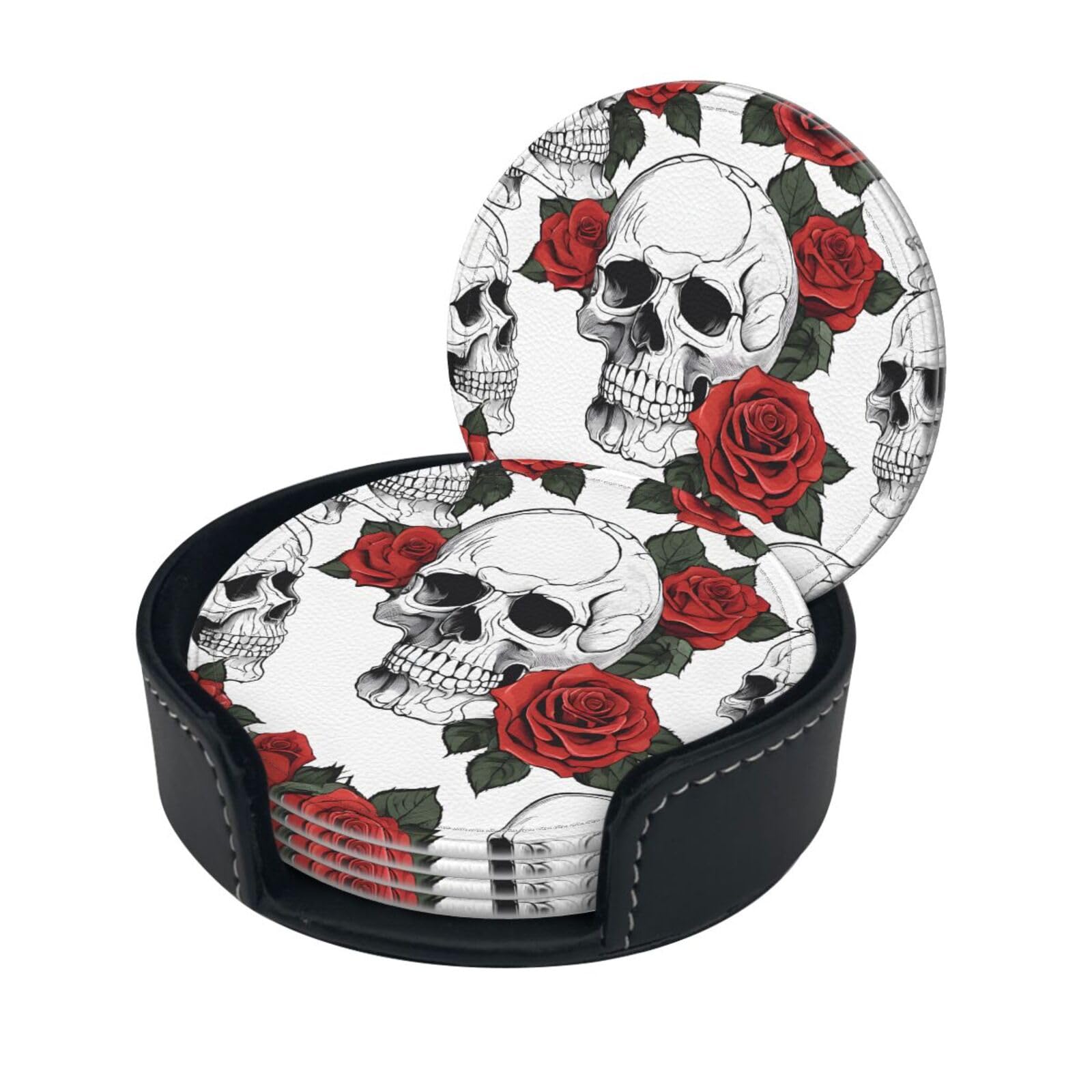 Floral Skull Print Coaster,Round Leather Coasters with Storage Box for Wine Mugs,Cold Drinks and Cups Tabletop Protection (6 Piece)