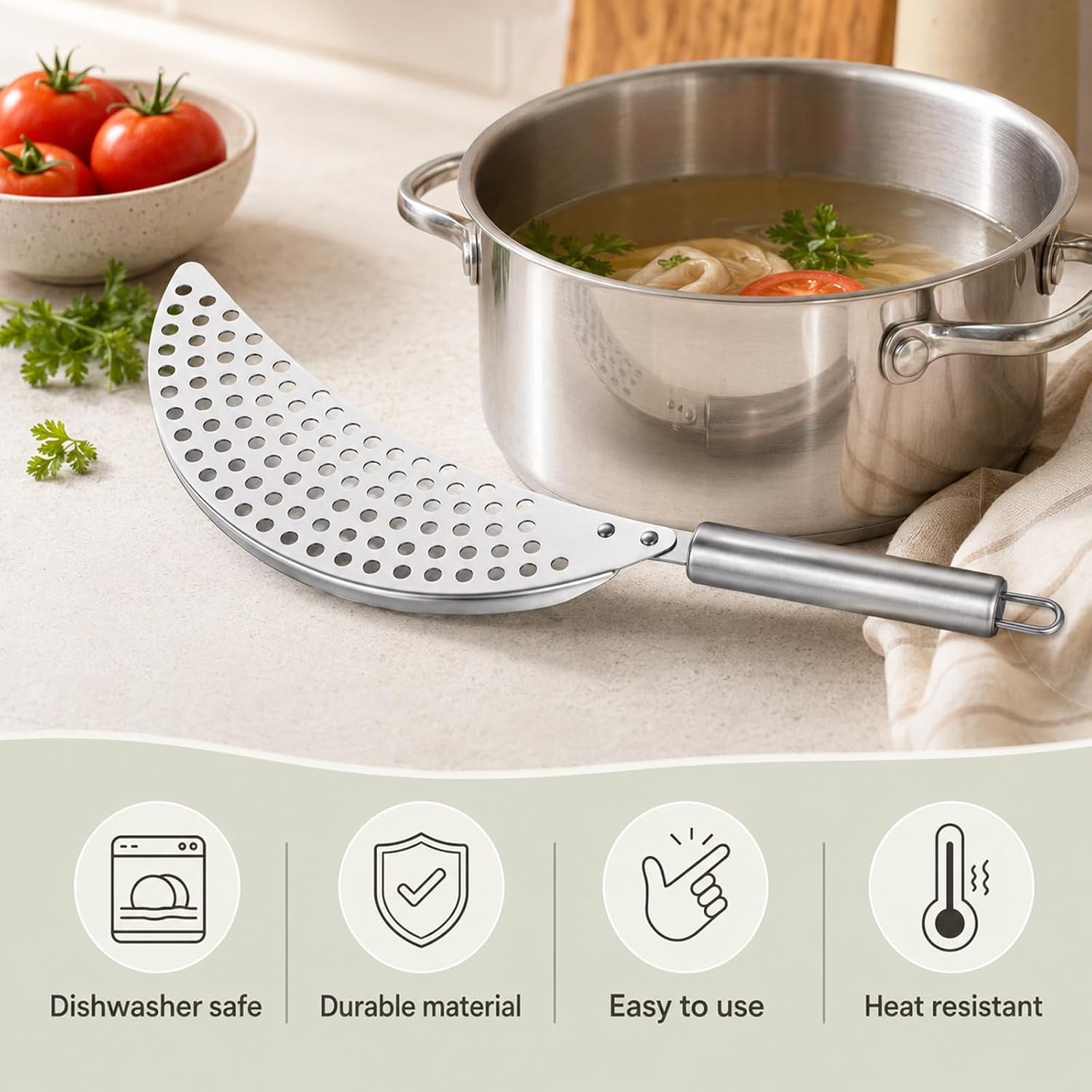Stainless Steel Grease Pasta Strainer with Handle Hand Held Pot Strainer