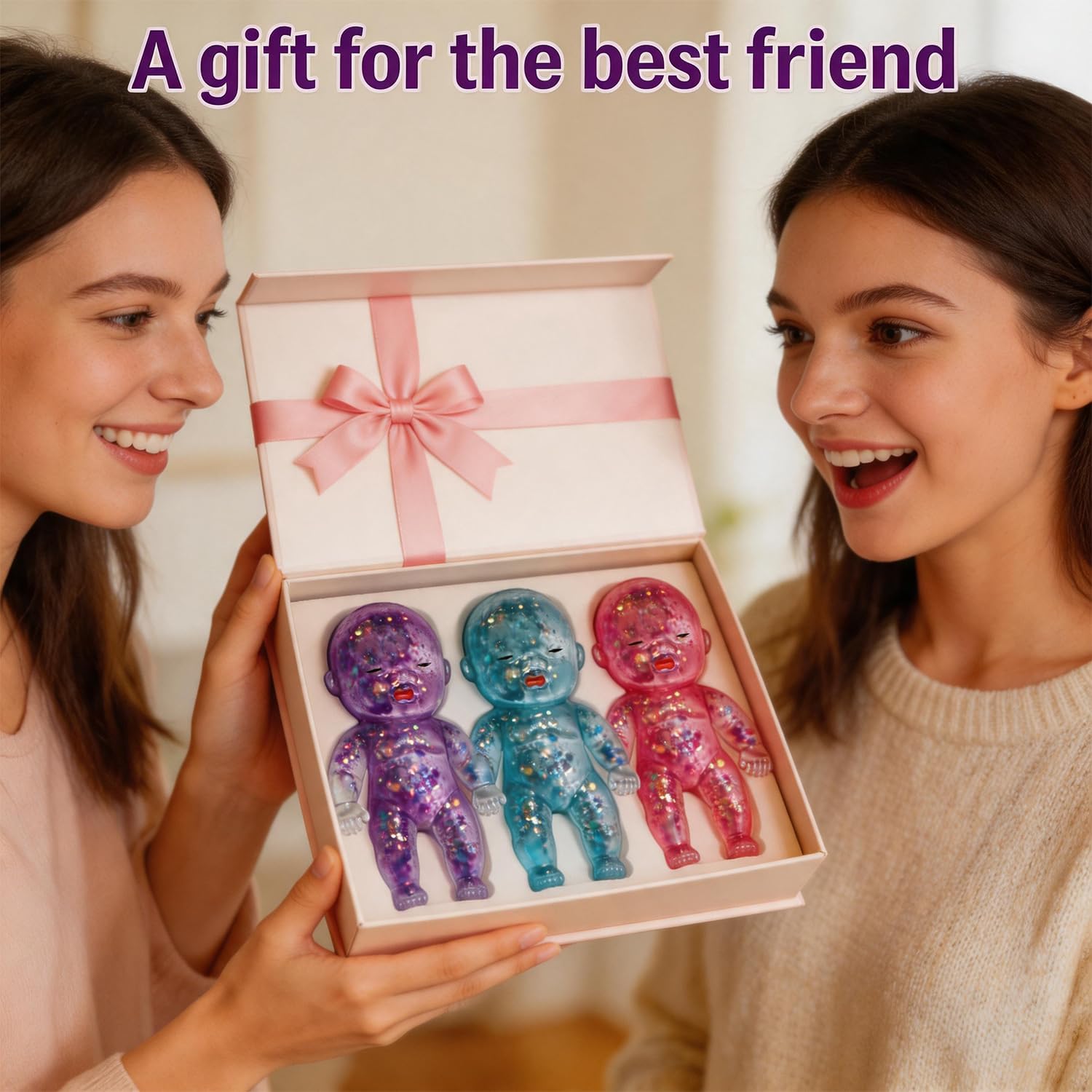 Glitter Doll Squishies Stress Ball, Squishy Babies Sensory Fidget for Stress Relief, Soft Cute Squeeze, Portable Desk Decor & Relaxing Gift for Adults (Purple) image 5