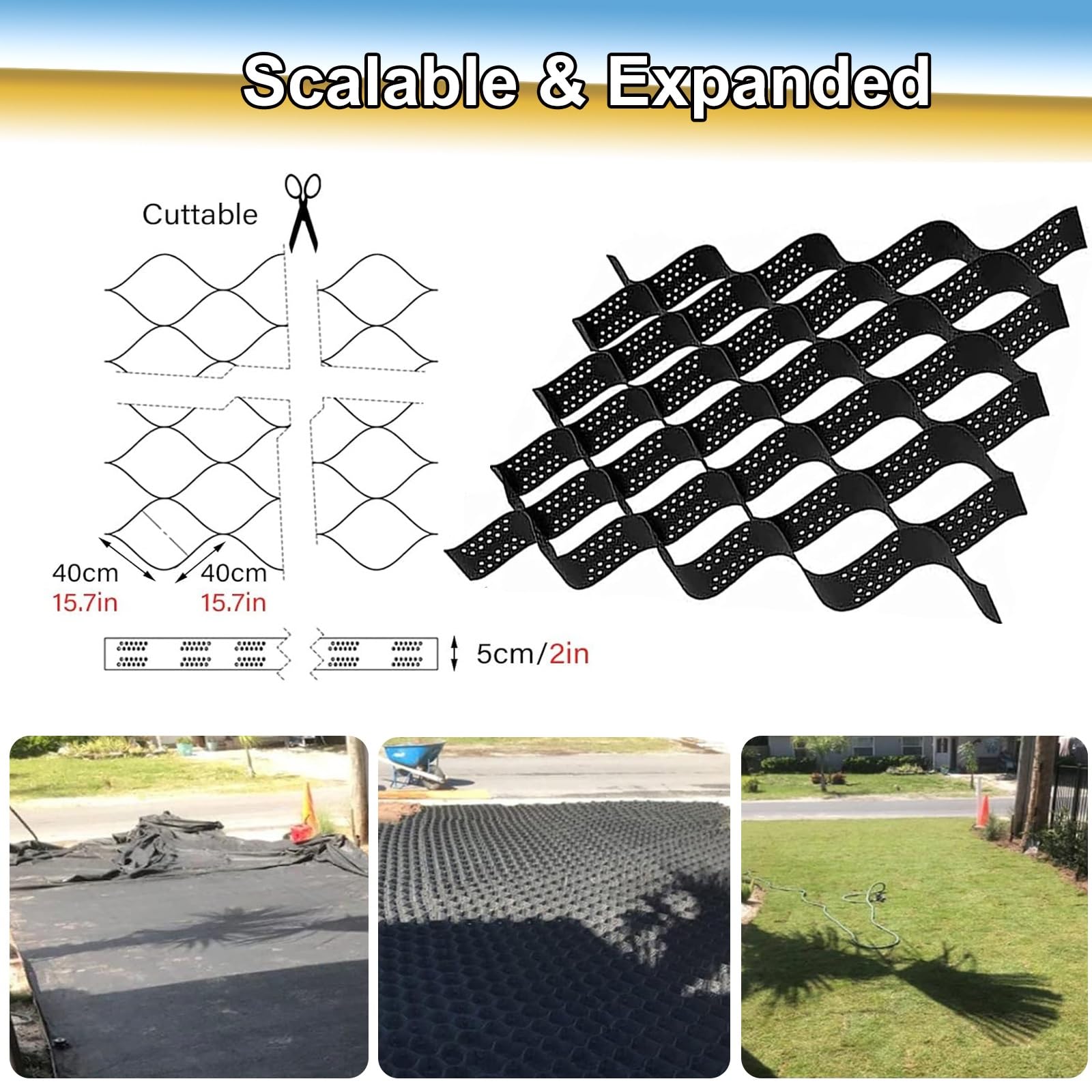 Géogrille pour allée, géogrille en pierre concassée pour jardin, 91 cm, 182 cm, 304 cm, 493 cm, 613 cm, 793 cm, 913 cm, grille de stabilisation du sol, grille de gravier résistante à la traction, faci