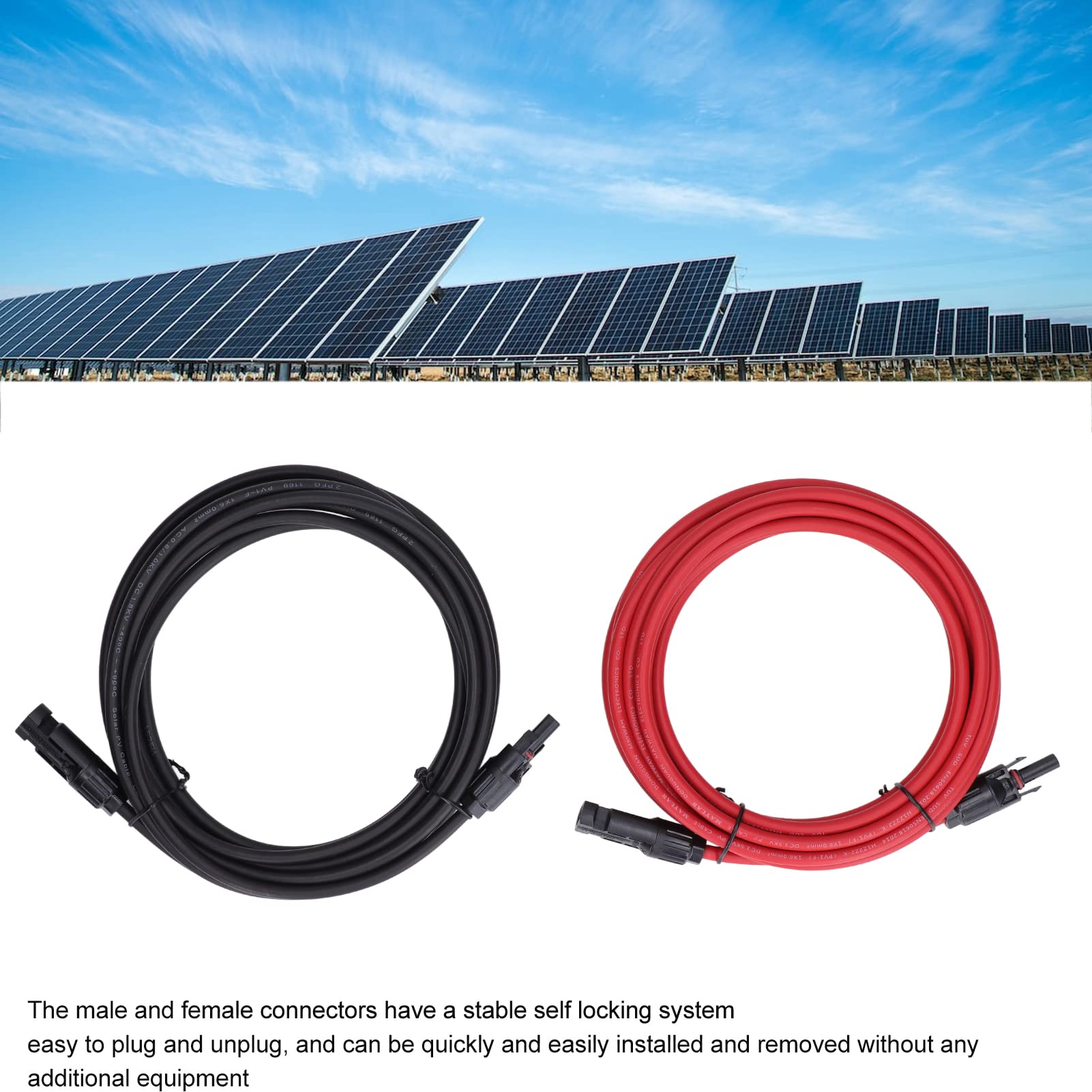 Cavo di prolunga per pannelli solari, 2 pezzi, 10 AWG, 6 mm²; cavo di estensione solare con connettori maschio e femmina; tensione nominale 1000 V CC, corrente nominale 30 A; grado (5 metri)