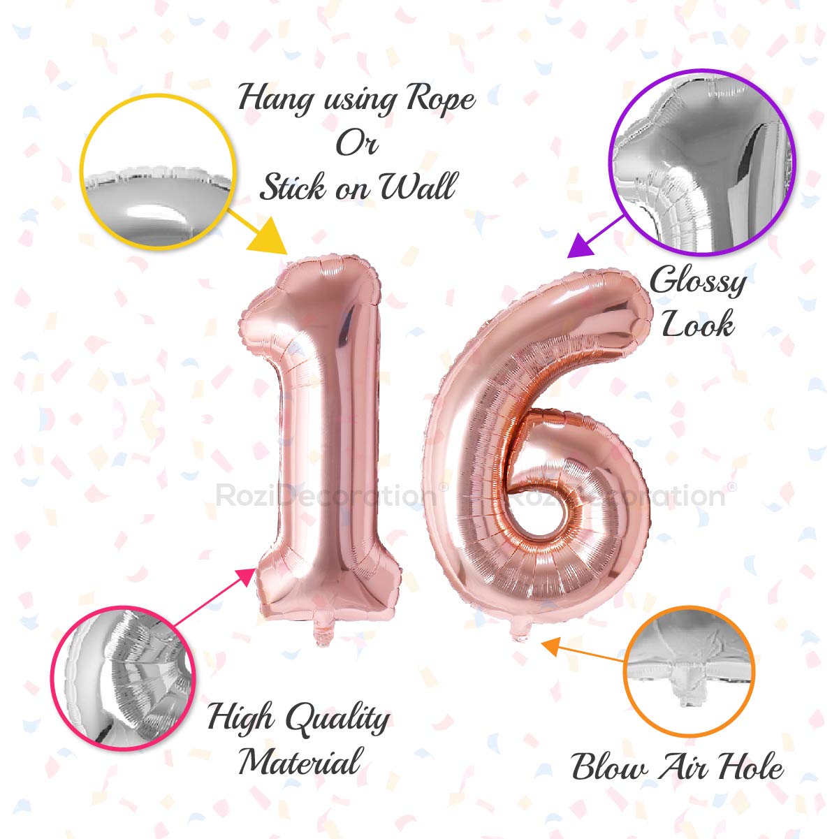 Rozi Decoration 16 Inch Rose Gold Colour 16 Number Foil Balloons with Helium Supported | 16th Birthday Decoration Items | 16 Anniversary Decoration | 16 Balloon Number Pack of 2 Pcs 2