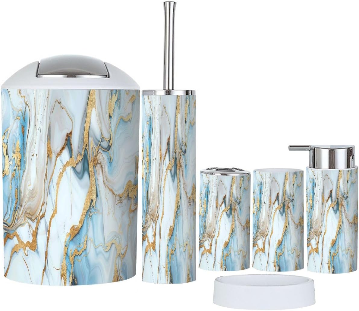 Bathroom Accessory Set 6 Piece Boho Abstract Luxury Marble Art marbling Texture Gold Light Blue White Trash Can, Toothbrush Holder, Soap Dispenser, Soap Dish, Toothbrush Cup, Toilet Brush Holder