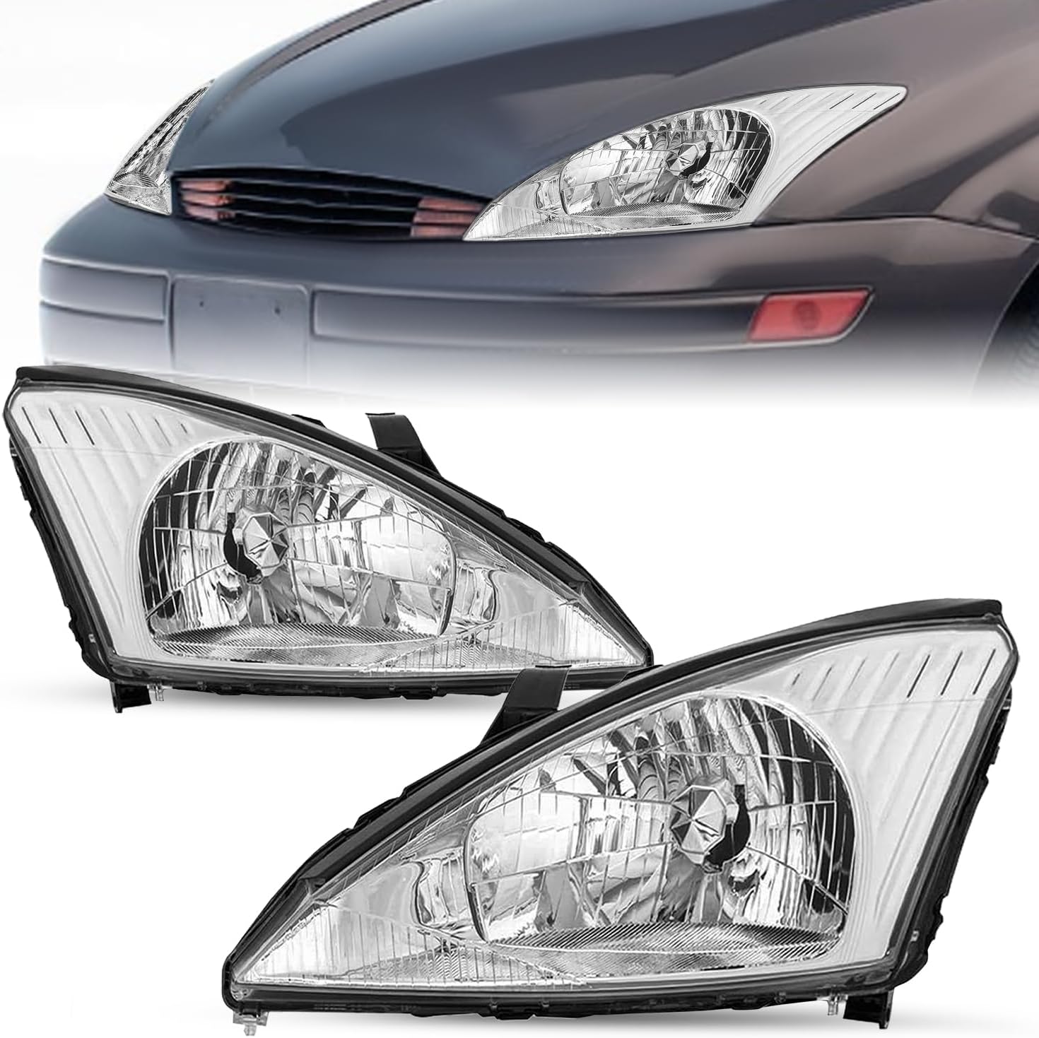 SOCKIR Headlight Assembly Fit for 2000 2001 2002 2003 2004 Ford Focus Front Headlamp Chrome Housing with Clear Reflector (L+R)