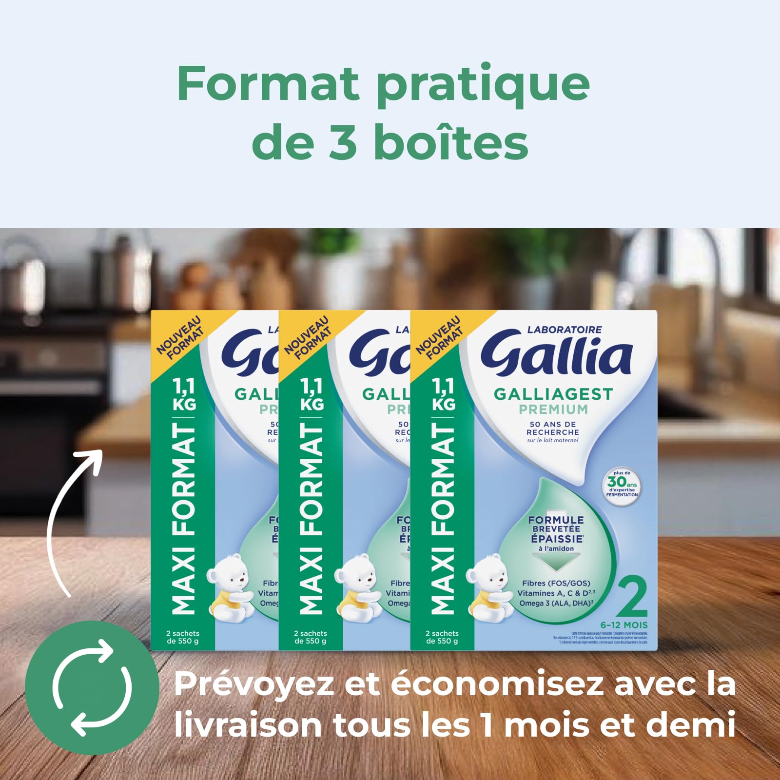 Laboratoire Gallia - Galliagest Premium 2ème Âge - Lait en Poudre pour Bébe - Enrichi en Fibres, Vitamines A, C, D & Oméga 3 - Pour Bébe de 6 Mois à 12 Mois - Maxi Format 1,1kg (Lot de 3)