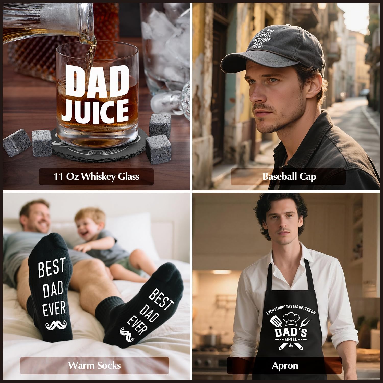 14 Pcs Dad Gifts, Unique Best Father Ever Gift with 11 Oz Dad Juice Whiskey Glass 4 Whiskey Stones Coaster Apron Hat Sock Tape Measure Keychain, Birthday Father's Day Christmas Gift for Papa, Husband