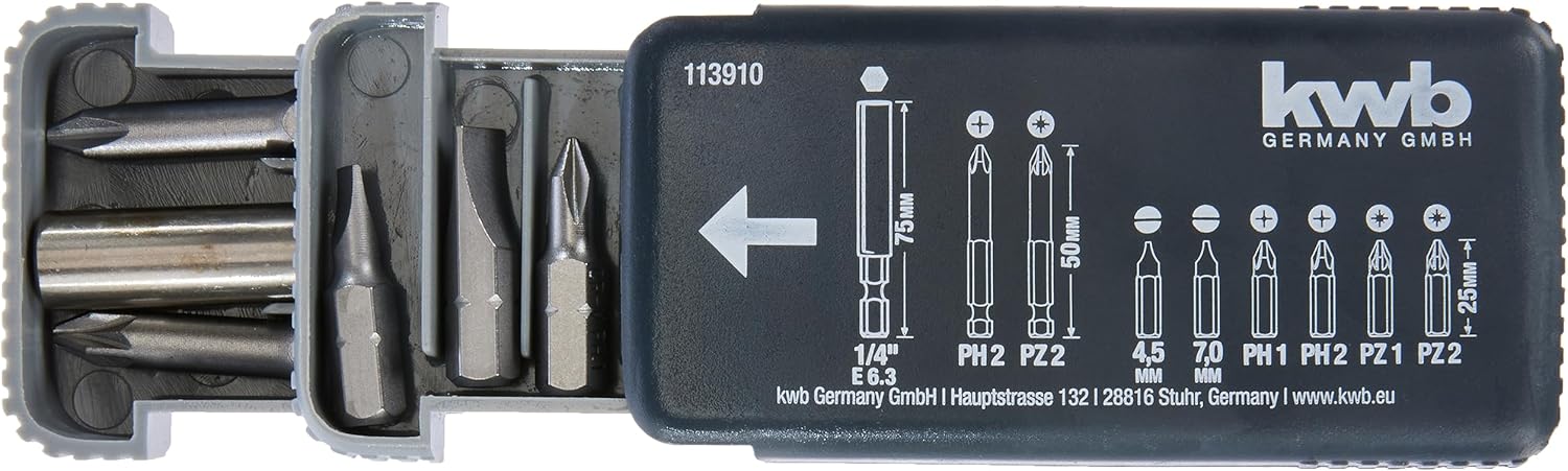 kwb 113910 Set Dispenser Box-9 Pieces with Magnetic bit Holder with E 6.3 Shaft for Cordless Screwdrivers