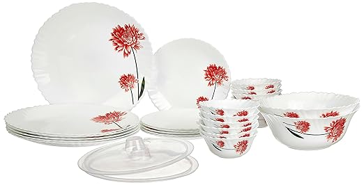 Larah by Borosil Fluted Belle Dinner Set 28 Pieces, Opal Glass Dinner Plates & Bowls Crockery Set for Dinning, White at Rs. 1415