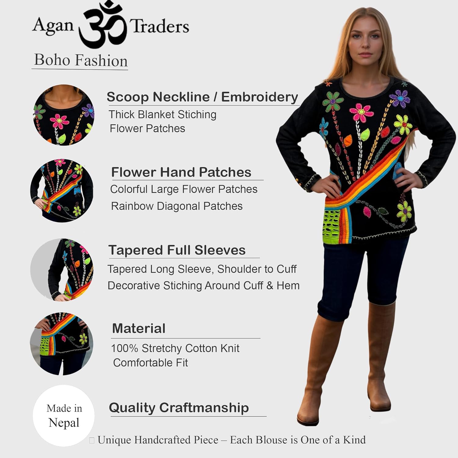 Agan Traders 2025 Winter Women's Boho Tops - Rib Knit Thick Cotton Patched Embroidered Long Sleeve Sweatshirt Top Blouses - Image 5