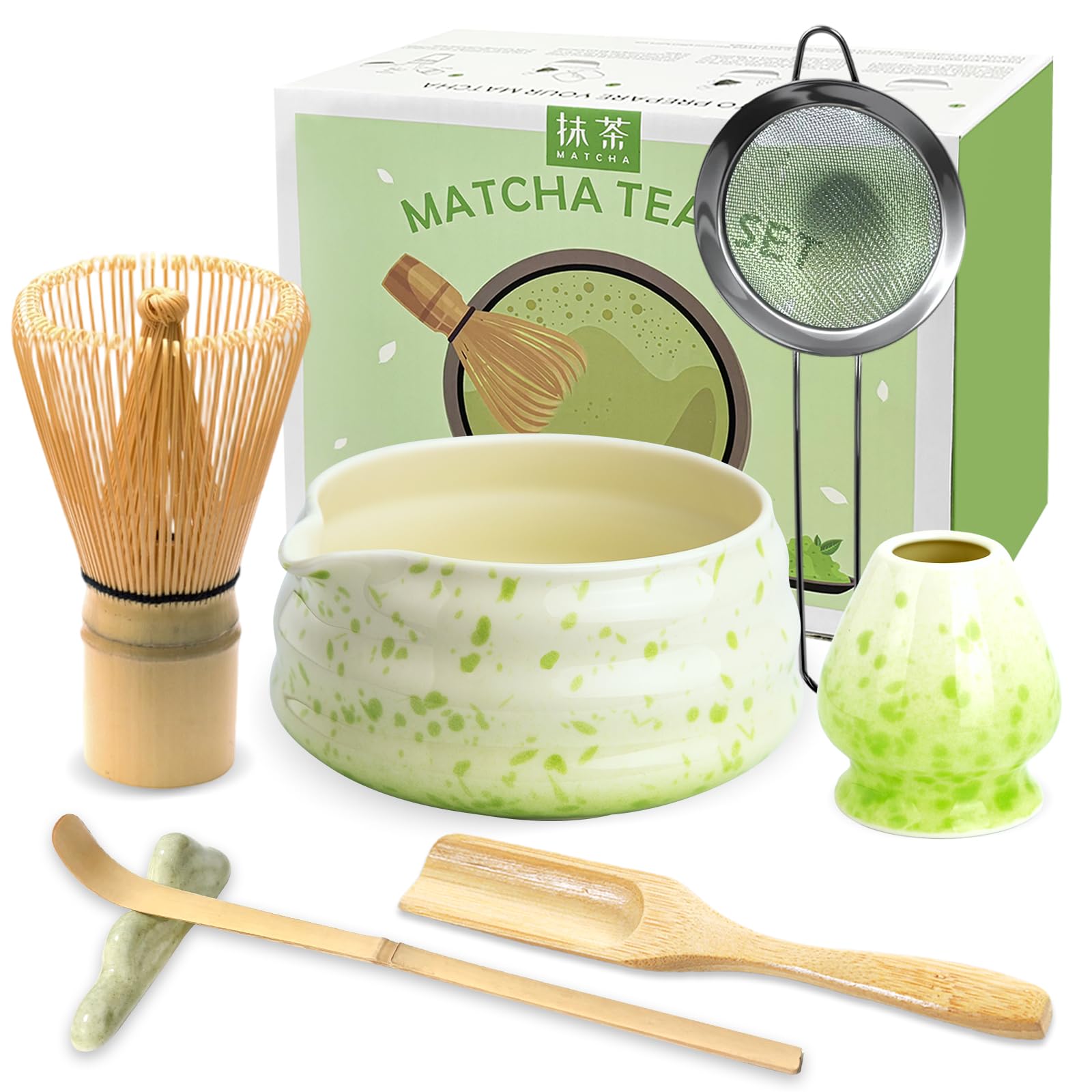 JBER Matcha Set, Matcha Tee Set 7-Teiliges - Matcha Besen und Besenhalter, Matcha Schale aus Keramik, Sieb, Matcha Löffel und Halter, Japanisches Matchabesen Set für Matcha-Liebhaber