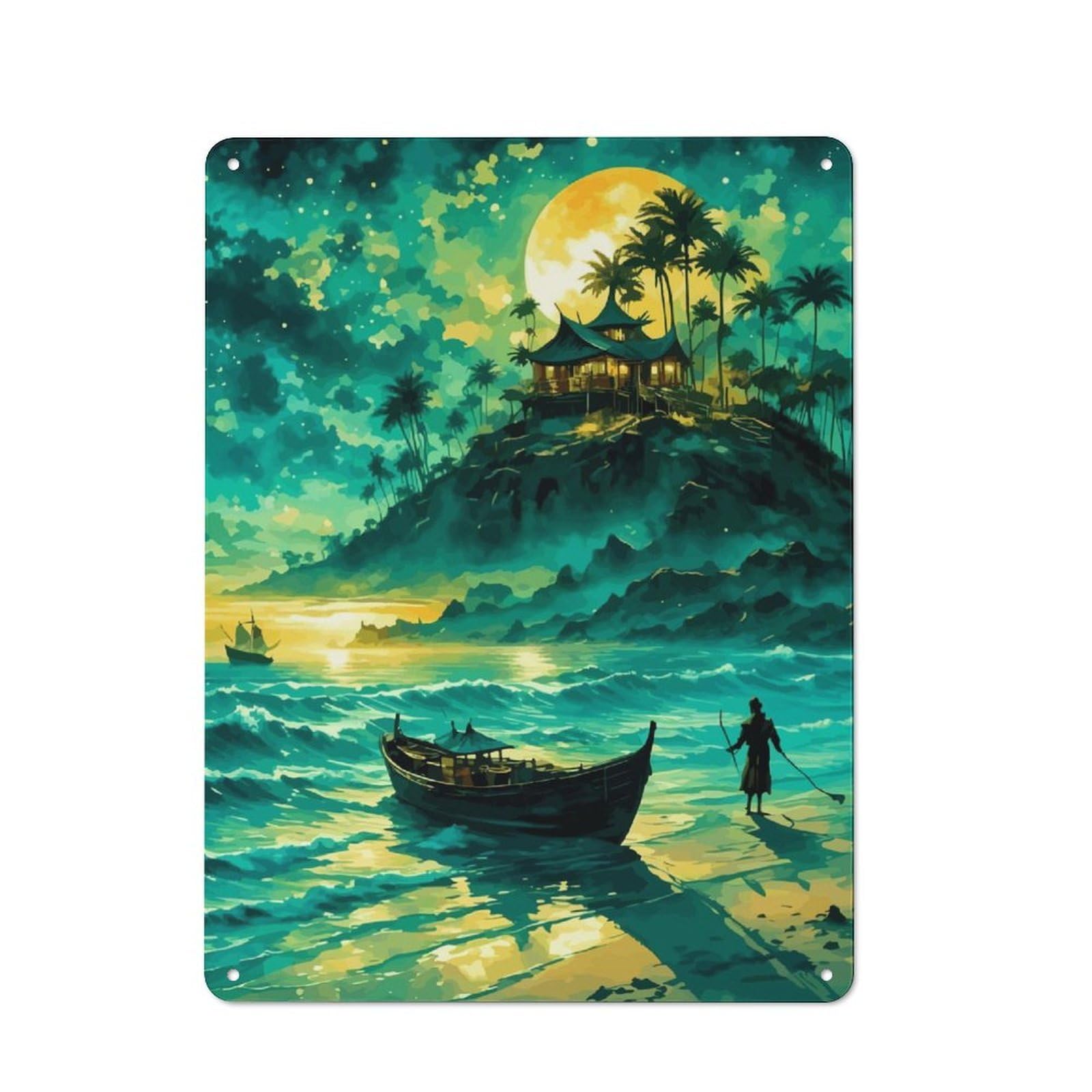 Junmoney Fishing By Moonlight Retro-Style Metal Plaque 40X30cm For Kitchen Or Home Bar, Gift For Home Bar Enthusiasts During The Christmas Season