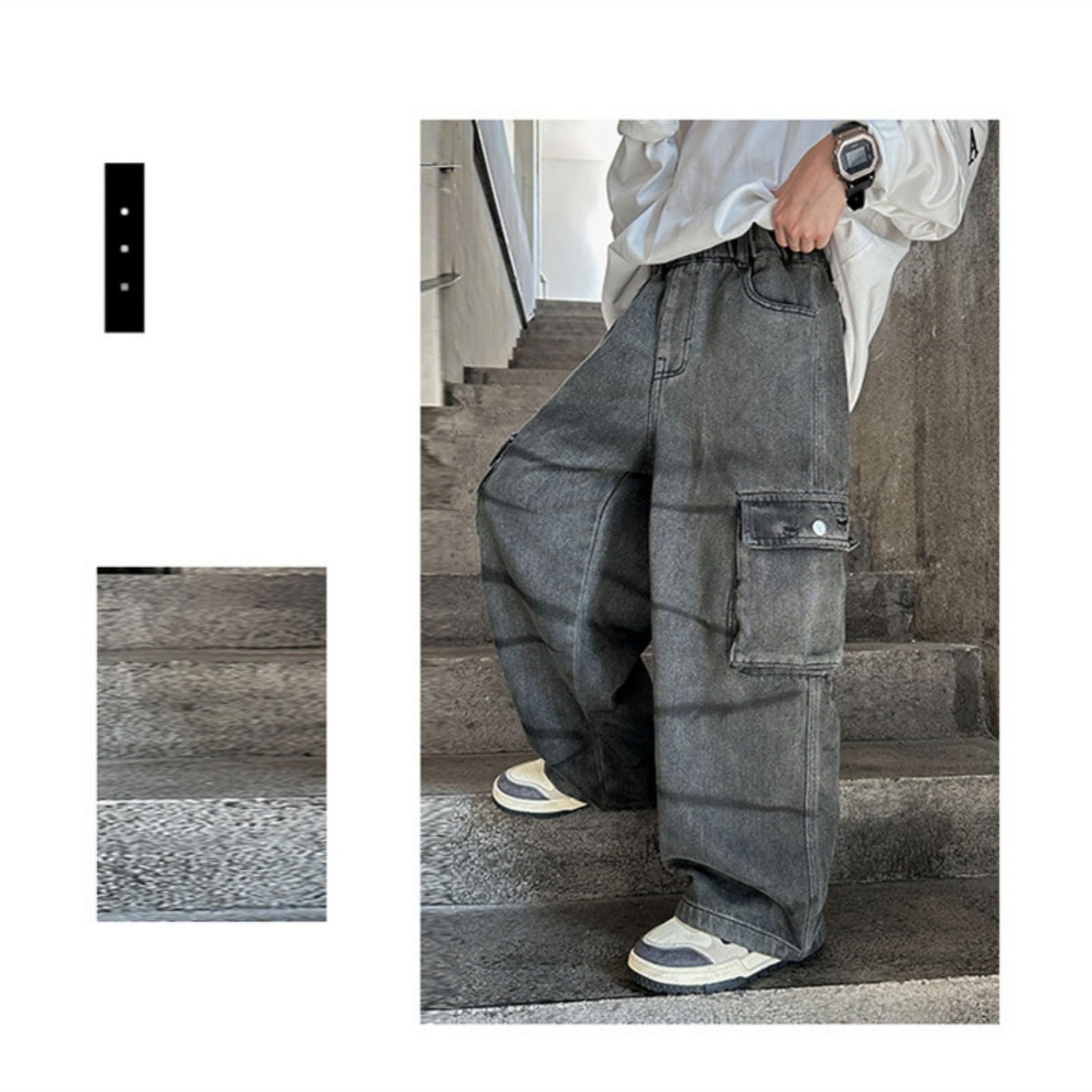 Pantalones Vaqueros de Niño, Pantalones Cargo con Cintura Elástica Corte Regular para Niños de 4 a 12 Años
