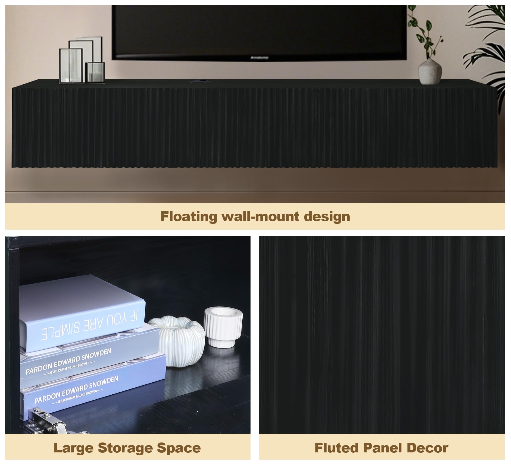 TABOJS Soporte Flotante para TV, Centro de Entretenimiento de Montaje en Pared de 70,7 Pulgadas con Puertas estriadas, Elegante Consola Multimedia y gabinete de Almacenamiento para Sala de Estar,