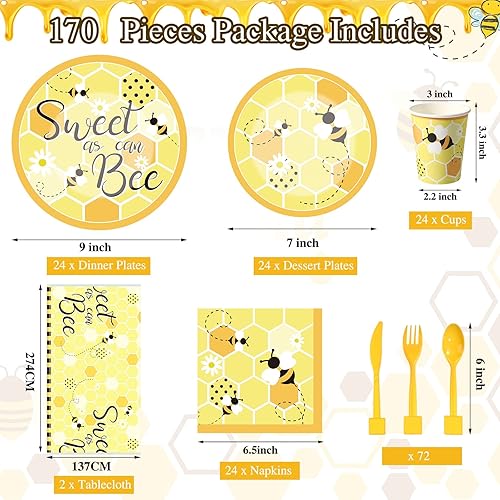 Miniatura 2 de Juego de 170 platos de abeja y servilletas, suministros de fiesta Sweet As Can Bee, incluye manteles, platos, servilletas, vasos de papel, cuchillo,