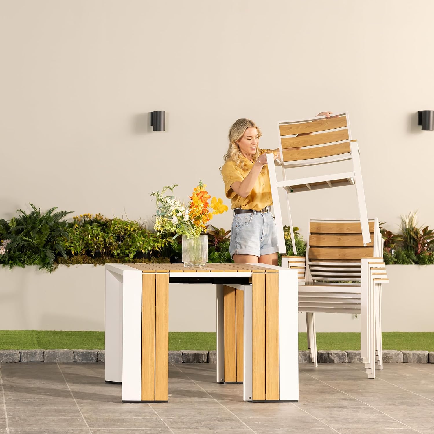 Transformer Table Outdoor Chairs Set of 2, Stackable Chairs for Patio Table, Durable Wooden Seating for Outdoor Patio Furniture Set, Weather Resistant Modern Dining Chair, Light Oak