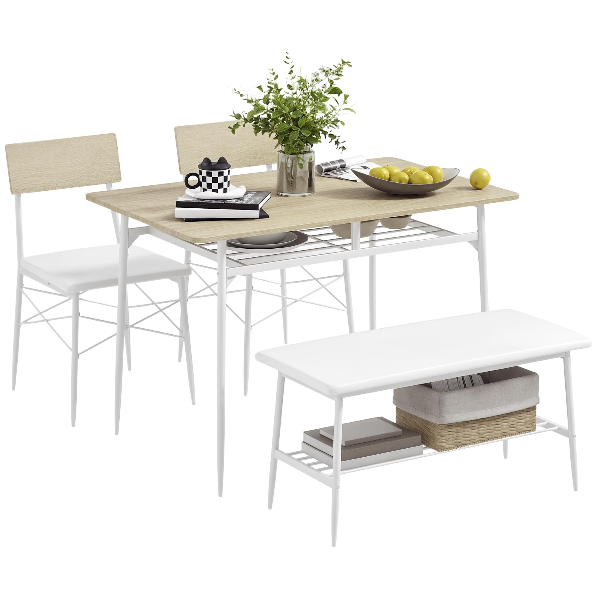 HOMCOM Set da pranzo con tavolo, panca e 2 sedie, salvaspazio, rovere