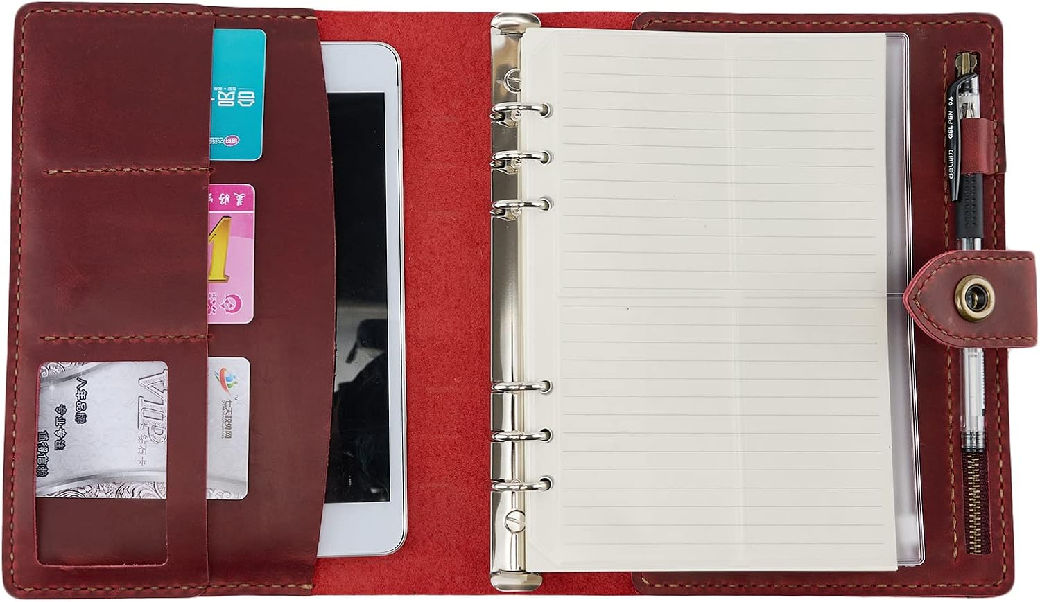 システム手帳 A5 革 ミニ6穴 リングバインダーノート レザーカバー 手縫い 手作り オリジナル メモ帳 カード収納 Pvcポケット ペンホルダー付 卒業記念品 就職 プライベート ビジネスオフィス用品 プレゼント Red 5 Off