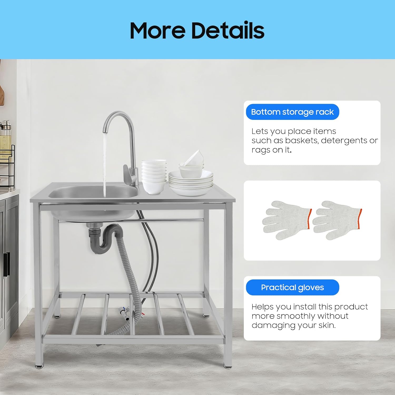 Utility Sink, Portable Hand Wash Station, Free Standing Single Bowl Kitchen Bowl, Metal Wash Tub with Hot and Cold Faucet, Outdoor Sink Station for Restaurant Cafe Hotel