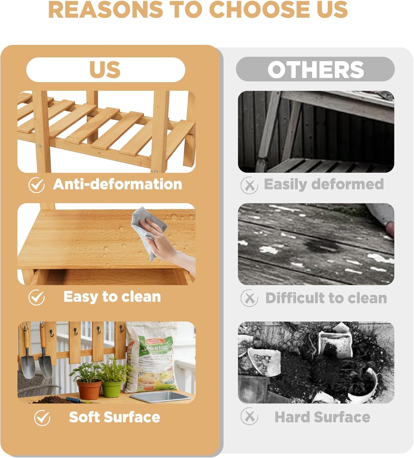 Outdoor Garden Potting Bench Table with Drawer,Solid Wood Work Benches Horticulture Furniture Workstation with Open Shelves/Removable Sink/6 Hooks for Patio/Lawn/Garden (Wood) (Wood)