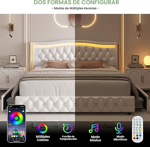 Miniatura 7 de HIFIT Base de cama Queen Smart LED con 4 cajones de almacenamiento, cabecera con botones de cristal y ribete dorado inoxidable, tapizada de