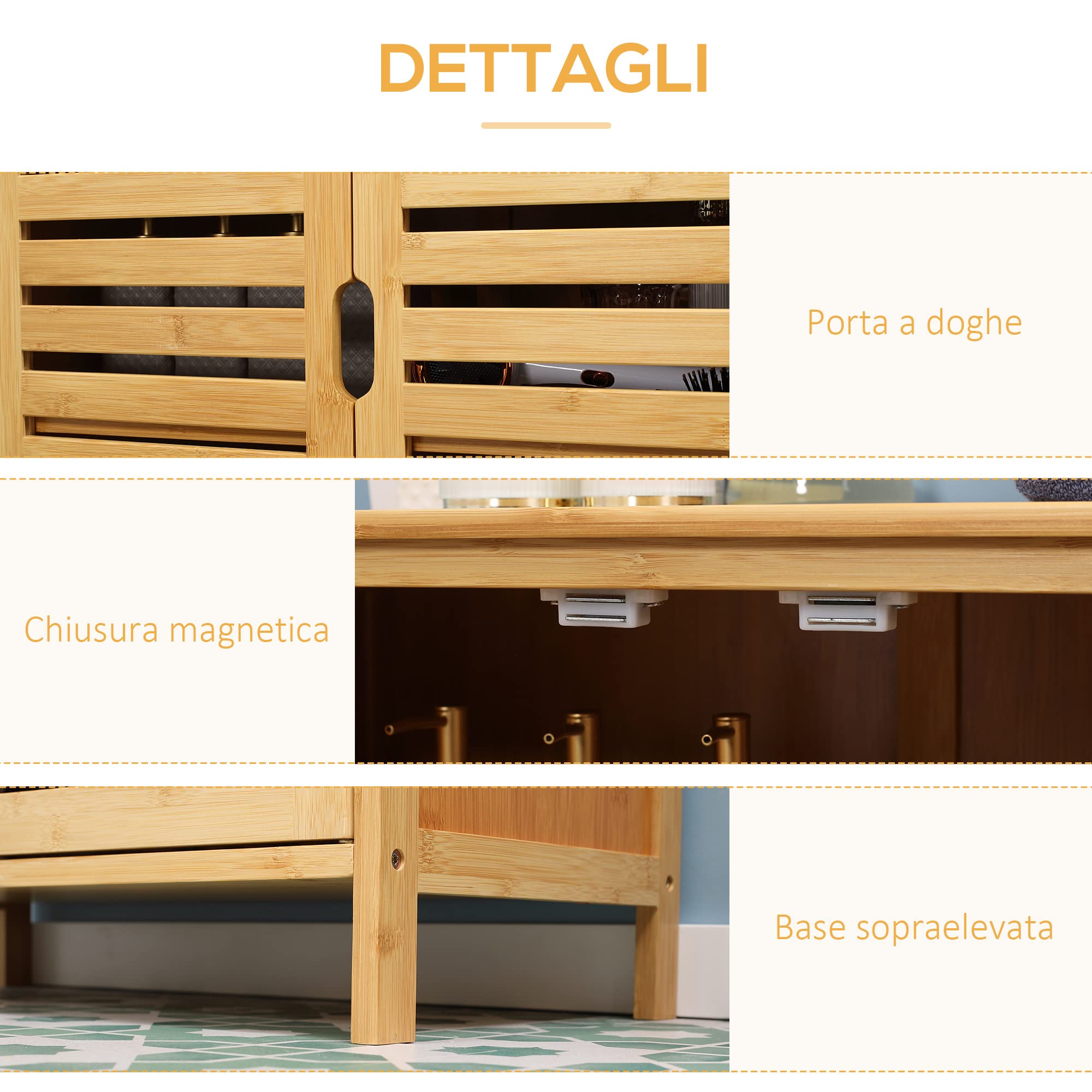 kleankin Mobile Bagno Moderno a 2 Ante, Armadietto da Bagno con 2 Ripiani Ventilati in Bambù, 68x32x86 cm, Color Legno