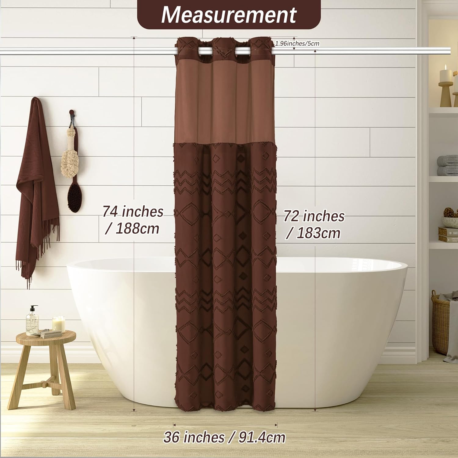 PANGSINNE No Hooks Stall Shower Curtain with Snap in Liner- Water Repellent Tufted Chevron Striped Shower Curtains for Bath Tubs, Narrow Hotel Quality Bath Curtain Set, 36Wx74H, Brown