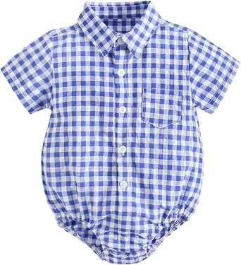 Baby Button Down Shirt, Gingham Plaid Short Sleeve Shirt Style Bodysuit, 0-3 Years