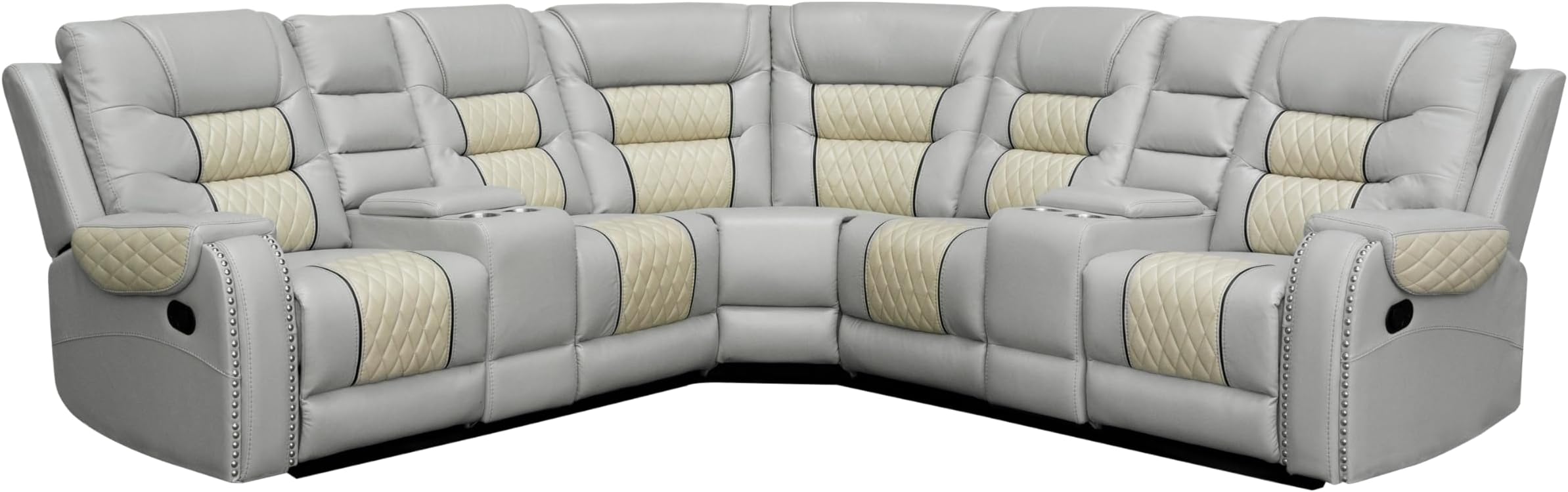 Hybition Manual Recliner Sectional Sofa Set with Cup Holders & Storage Box PU Leather L-Shaped Couch for Living Room Beige