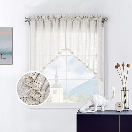 Miniatura 2 de Beda Home - Cenefa de cortina con textura de lino con borlas para cocina de granjas adorno corto rústico con filtro de luz para ventanas pequeñas,