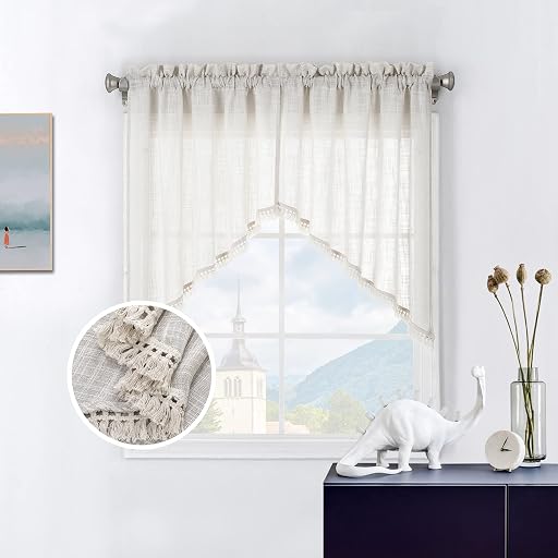 Beda Home Tassel Linen Textured Swag Curtain Valance for Farmhouses’ Kitchen; Light Filtering Rustic Short Swag Topper for Small Windows Bedroom Privacy Added Rod Pocket Design (Nature 36x36-2PCs)